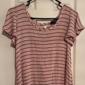 a.n.a Women’s Short Flutter Sleeve Pink Black Striped Tie Back Shirt Small S